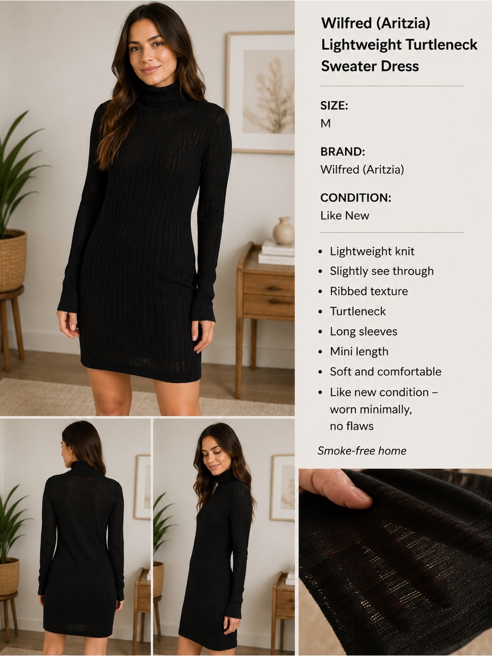 Black Ribbed Turtleneck Long-Sleeve Dress